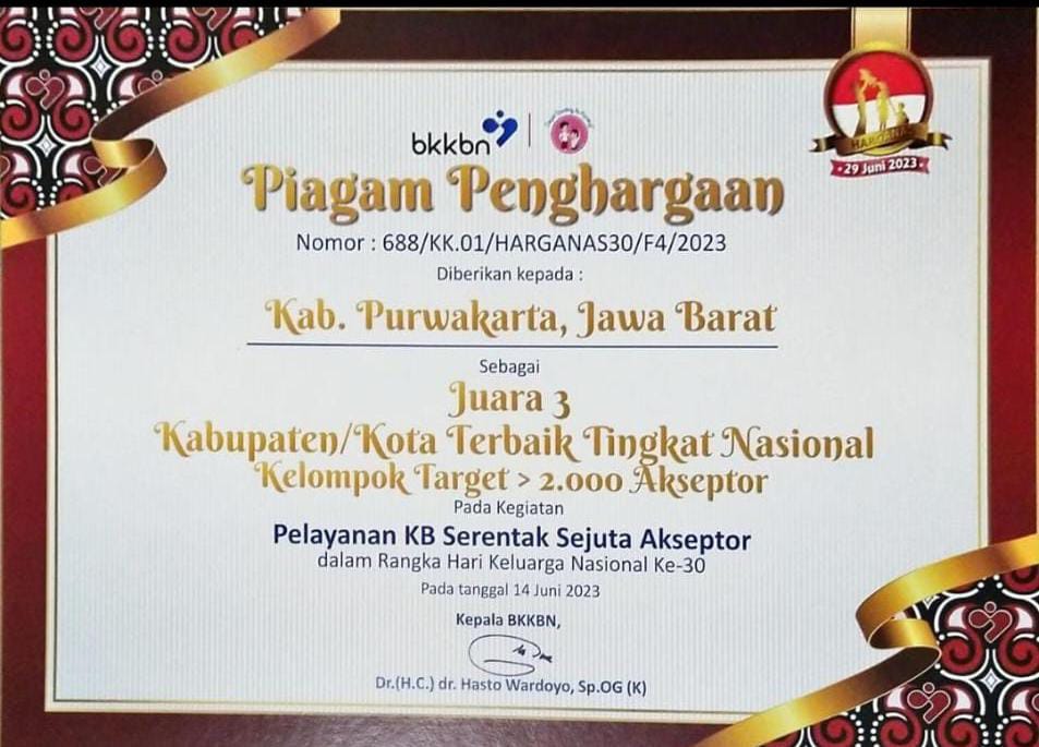 Kabupaten Purwakarta Juara Tiga Besar Nasional Peraih Akseptor KB Terbanyak