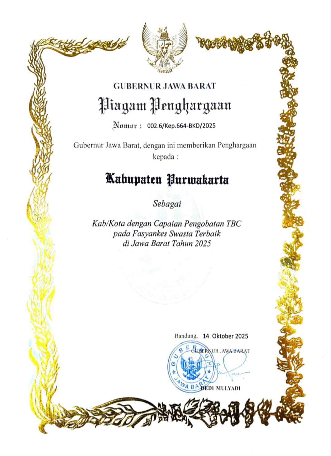 Purwakarta Raih Penghargaan Atas Capaian Pengobatan TBC Terbaik di Jawa Barat